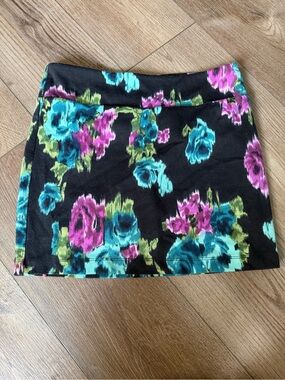 Forever 21 Black Mini Skirt with Teal, Purple, and Green Floral Print